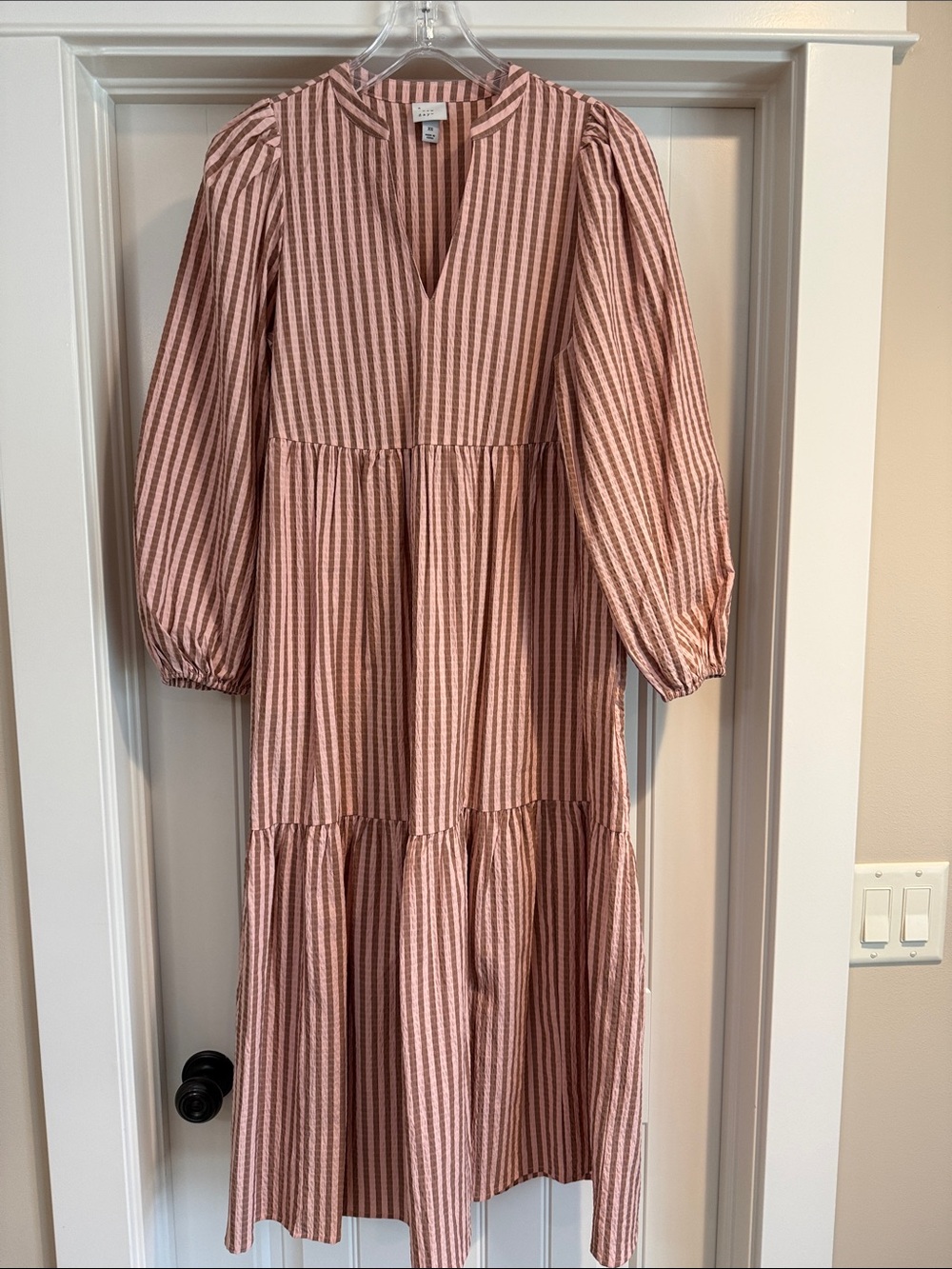A New Day Pink and brown Striped V-Neck Tiered Midi Dress